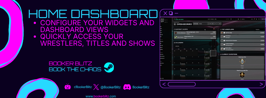 Promotion dashboard showing upcoming shows, roster health, title picture, and financial metrics in a configurable multi-panel grid