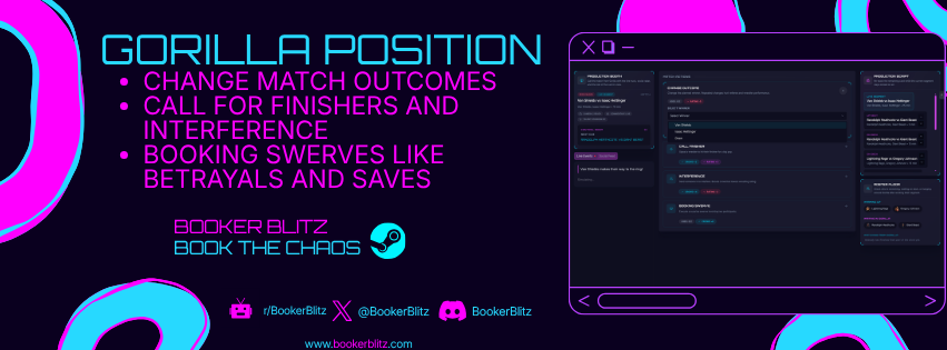 Gorilla Position live production booth with controls for changing match outcomes, calling finishers, interference, and booking swerves during a live show
