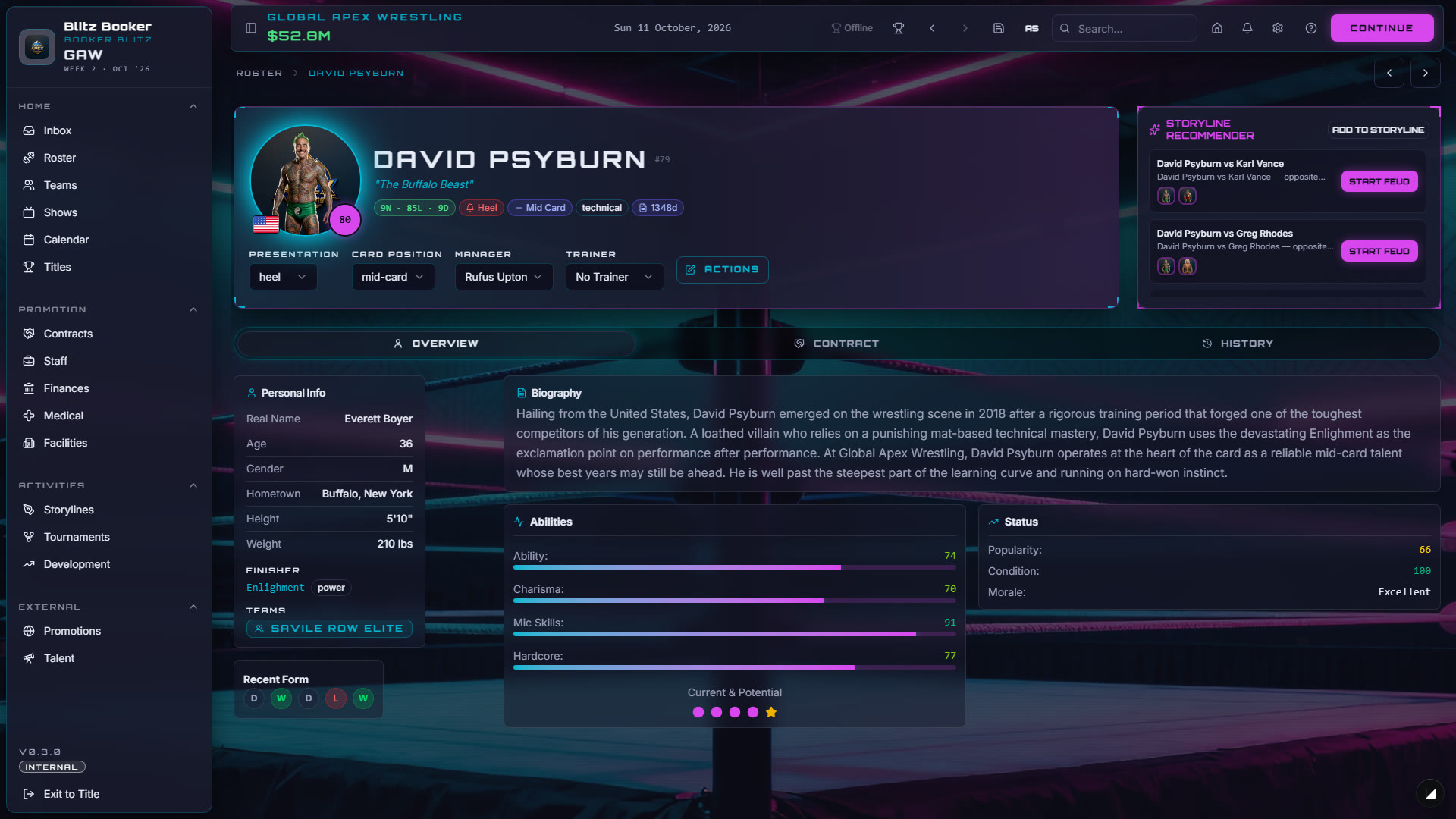 Wrestler detail with stats, popularity, and contract